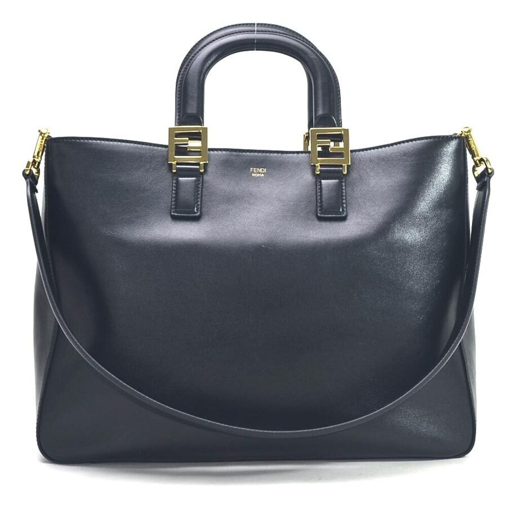 Fendi FF Tote Handbag Shoulder Bag Black Leather